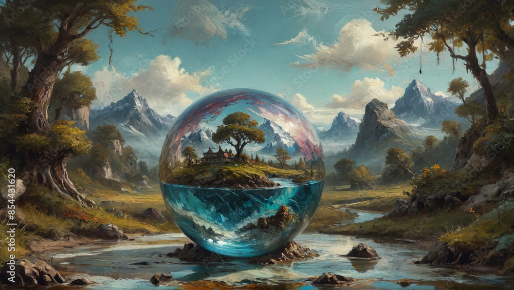 A surreal world encased in a glass sphere emerges with thick oil layers, depicting fantastical landscapes and intricate details within the transparent boundary, Generative AI A surreal world encased in a glass sphere emerges with thick oil layers, depicting fantastical landscapes and intricate details within the transparent boundary, Generative AI
