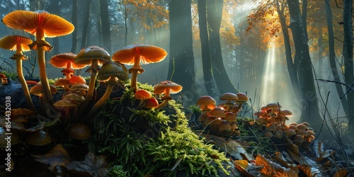 A group of mushrooms are growing in the forest. Generate AI image photo