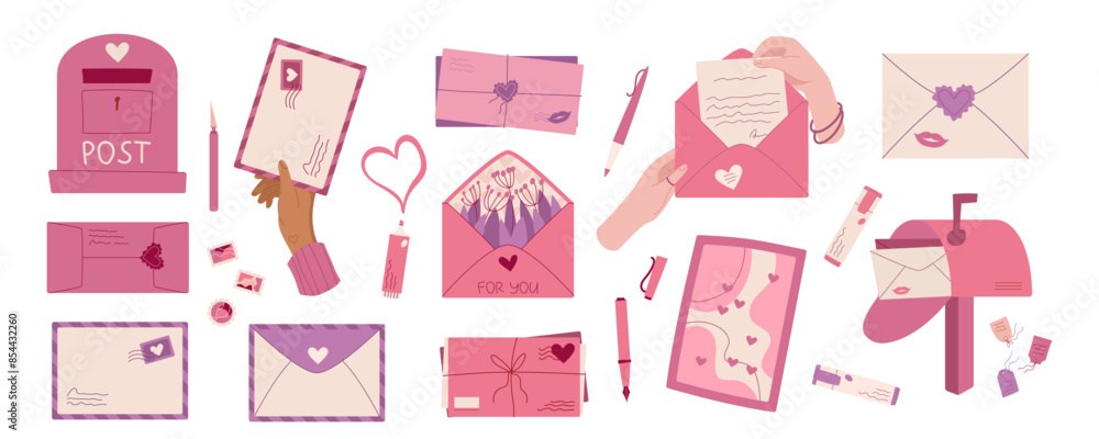 Cartoon style love mail with hands set, trendy romantic letter design, flat hand hold handmade post card, creative craft envelope with heart and kiss, modern cute postcard and envelope in mailbox. Cartoon style love mail with hands set, trendy romantic letter design, flat hand hold handmade post card, creative craft envelope with heart and kiss, modern cute postcard and envelope in mailbox.