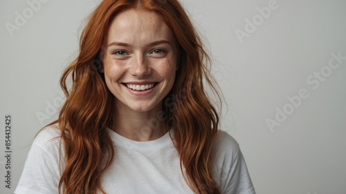 Closeup of happy attractive redhead young woman with long wavy red hair and freckles wears white t shirt looks happy and smiling isolated over white background