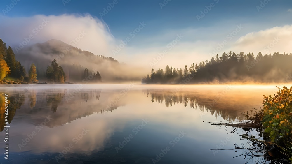 Fototapeta premium Haze of Tranquility: Mist Over The Lake