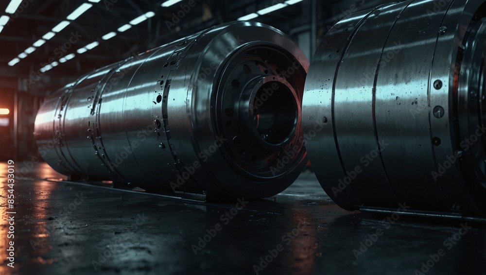 A close-up shot of two large, cylindrical metal objects resting on a wet factory floor