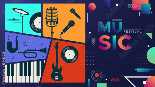 template design for music festival celebration. A lively party celebration with displays of guitar, drum, mic, trumpet and piano musical instruments. music festival design concept