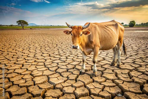 cow on cracked barren soil. Overgrazing and climate change issue photo