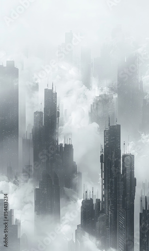 High-rise buildings emerging from fog in a cool-toned urban scene. Generate AI