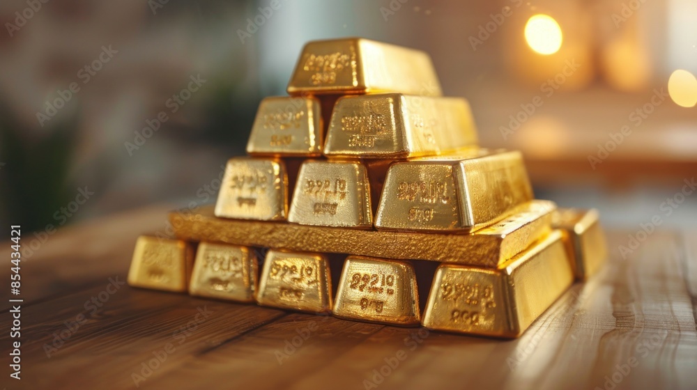A stack of gleaming gold bars arranged neatly on a polished wooden table. The bright golden hue of the bars contrasts beautifully with the rich wood grain, symbolizing wealth and stability. The scene A stack of gleaming gold bars arranged neatly on a polished wooden table. The bright golden hue of the bars contrasts beautifully with the rich wood grain, symbolizing wealth and stability. The scene