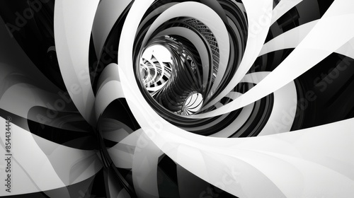 Spectacular Art Deco Abstract in High Contrast Black and White with Vibrant Colors and Wide Angle Perspective, Highlighting Depth of Field