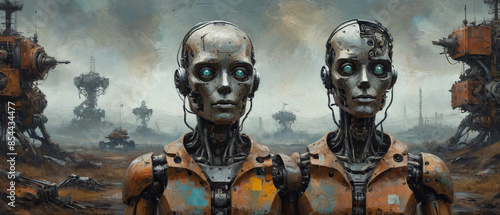 A mechanical dystopia is rendered in bold oil layers, depicting the eerie silence and lifelessness of a world where robots have taken over, Generative AI
