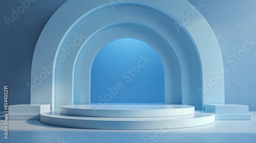A sleek, modern blue stage with multiple archways and minimalist design. © AdibaZR