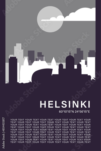 Helsinki city minimalistic poster with skyline, cityscape retro vector illustration. Finland capital travel front cover, brochure, flyer, leaflet, flier, template, layout