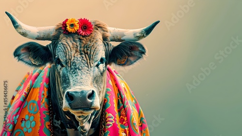 Surreal of a Spanish Bull in Traditional National Costume on Plain Background © vanilnilnilla
