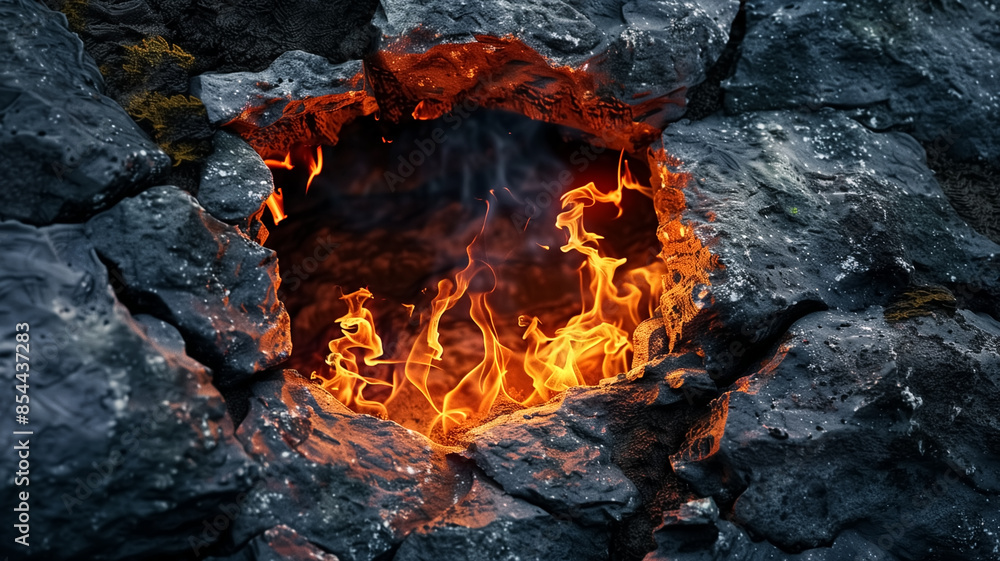 fire burning round hole stone wall crust, rock, flame burning Im fire burning round hole stone wall crust, rock, flame burning Im