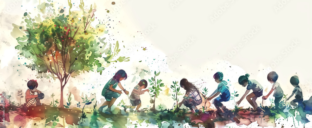 wondrous watercolor illustration of a group of people planting t wondrous watercolor illustration of a group of people planting t