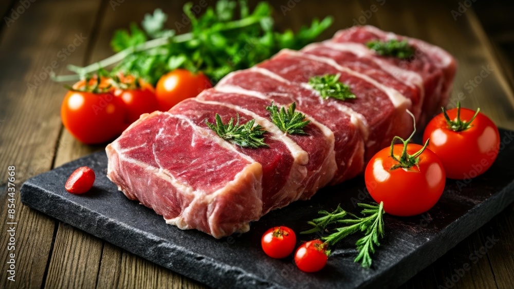 Deliciously grilled meat fresh tomatoes and aromatic herbs on a rustic table Deliciously grilled meat fresh tomatoes and aromatic herbs on a rustic table