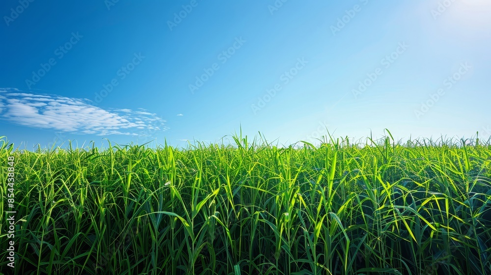 Obraz premium Expansive field of sugarcane swaying in the breeze, bright green stalks under a clear blue sky, showcasing sustainable agriculture and renewable energy potential