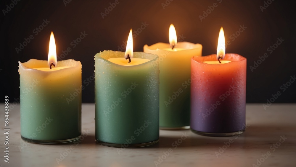 Four candles with green, orange, and purple wax burn brightly on a white tabletop Four candles with green, orange, and purple wax burn brightly on a white tabletop
