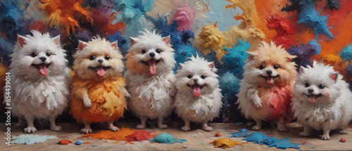Thickly textured oil painting on canvas illustrating mischievous fluffy creatures, with bold paint layers and raised surfaces bringing their comical pranks to life, Generative AI photo