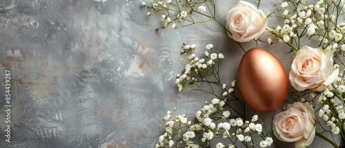 Copper egg surrounded by white flowers on a gray background.