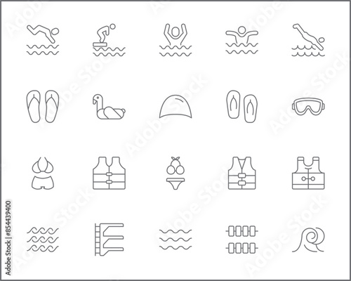 Set of swimming and pool Icons line style. Contains such Icons as diving, summer, beach activity, swimsuit, bikini, trunks, swimming cap, glasses, flippers, swim And Other Elements.