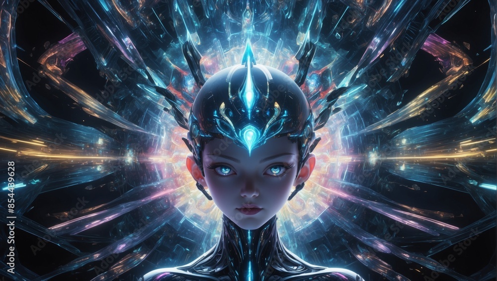 A digital entity with a luminous crown stands at the center of a pulsating, multicolored array A digital entity with a luminous crown stands at the center of a pulsating, multicolored array