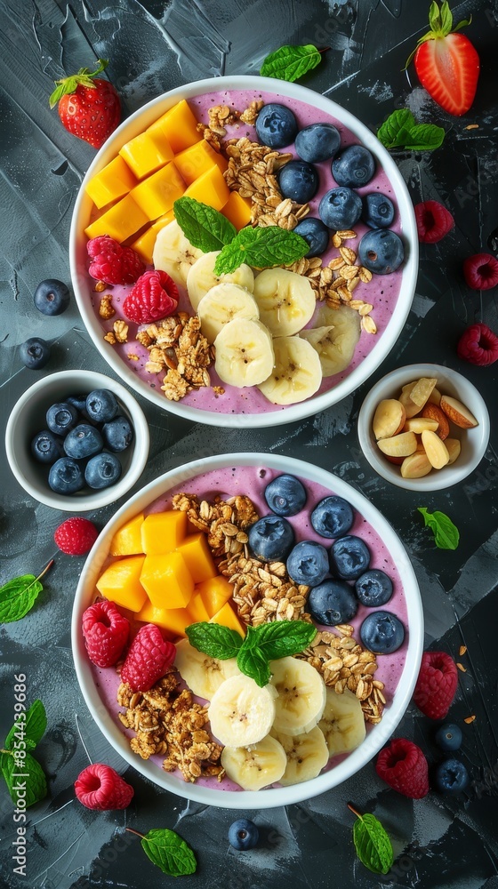 Healthy breakfast setup with smoothie bowls, fresh fruits, and granola, colorful and appetizing, bright and natural lighting Healthy breakfast setup with smoothie bowls, fresh fruits, and granola, colorful and appetizing, bright and natural lighting