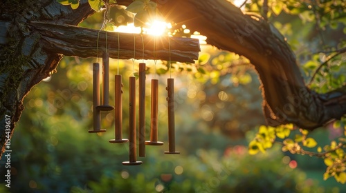 Koshi chimes hanging from a tree branch, their melodic sounds harmonizing with nature, enhancing the peaceful atmosphere of an outdoor yoga retreat photo