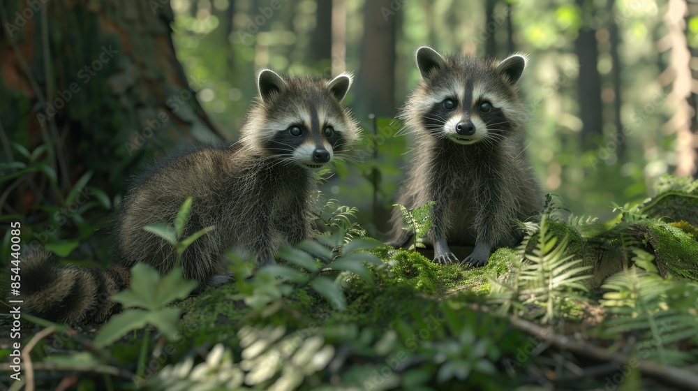Obraz premium Two young raccoons with black masks, sit amongst vibrant green ferns and foliage in the forest.