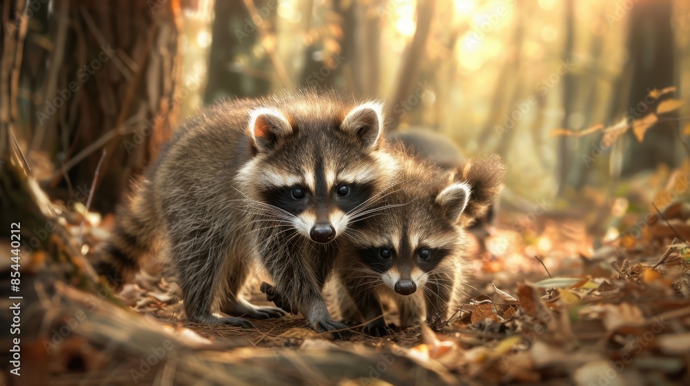 Fototapeta premium Two raccoons stand on the forest floor amongst fallen leaves, looking inquisitively at the viewer. The warm, golden light of the setting sun illuminates the scene.
