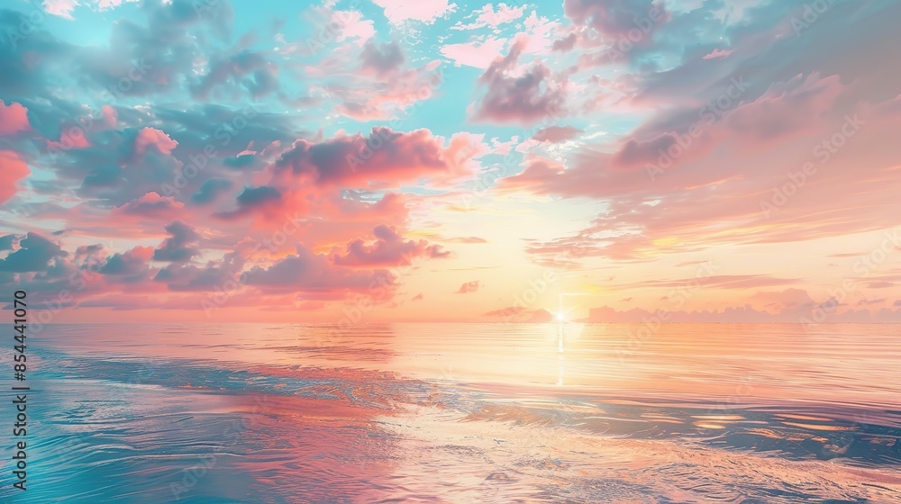 Obraz premium Serene Sunset Over Tropical Ocean with Soft Pastel Colors and Calm Waters, Idyllic Sky and Clouds on a Beach in the Maldives or Caribbean. Perfect Travel Destination for a Summer Vacation