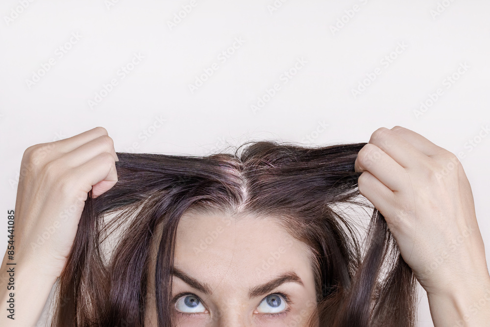 Caucasian brunette woman shows grown gray hair. Isolated on white background. Close up Caucasian brunette woman shows grown gray hair. Isolated on white background. Close up