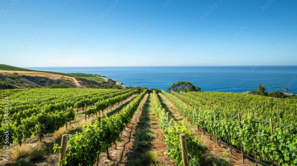 Naklejka premium The tour culminates in a stunning view of the vineyard with the crystal blue ocean in the backdrop.