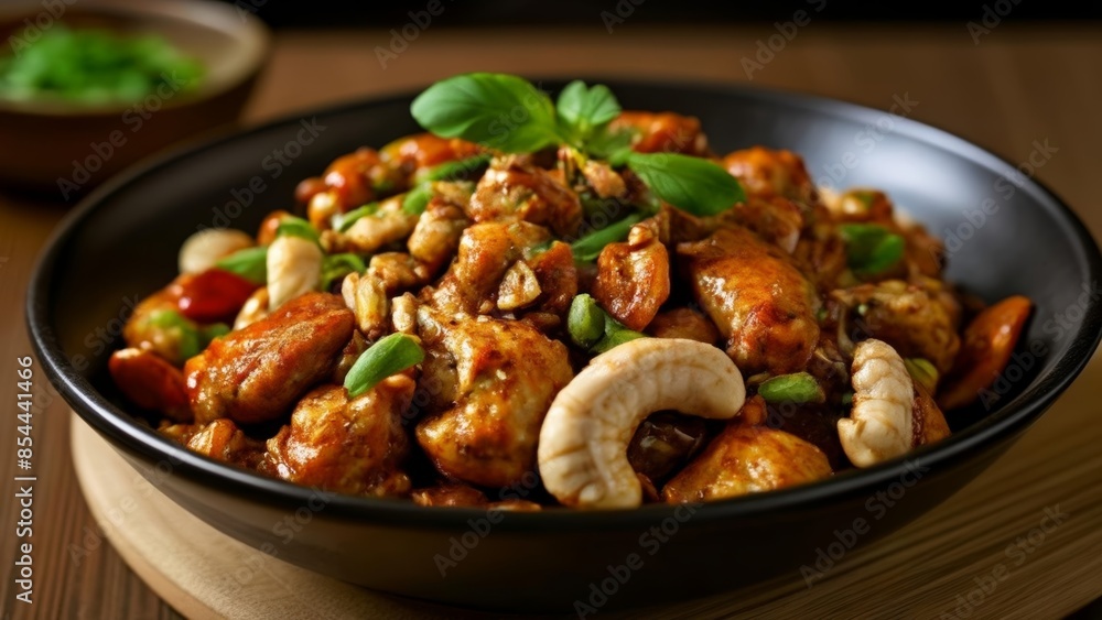 Fototapeta premium Delicious Asian stirfry dish with chicken cashews and vegetables