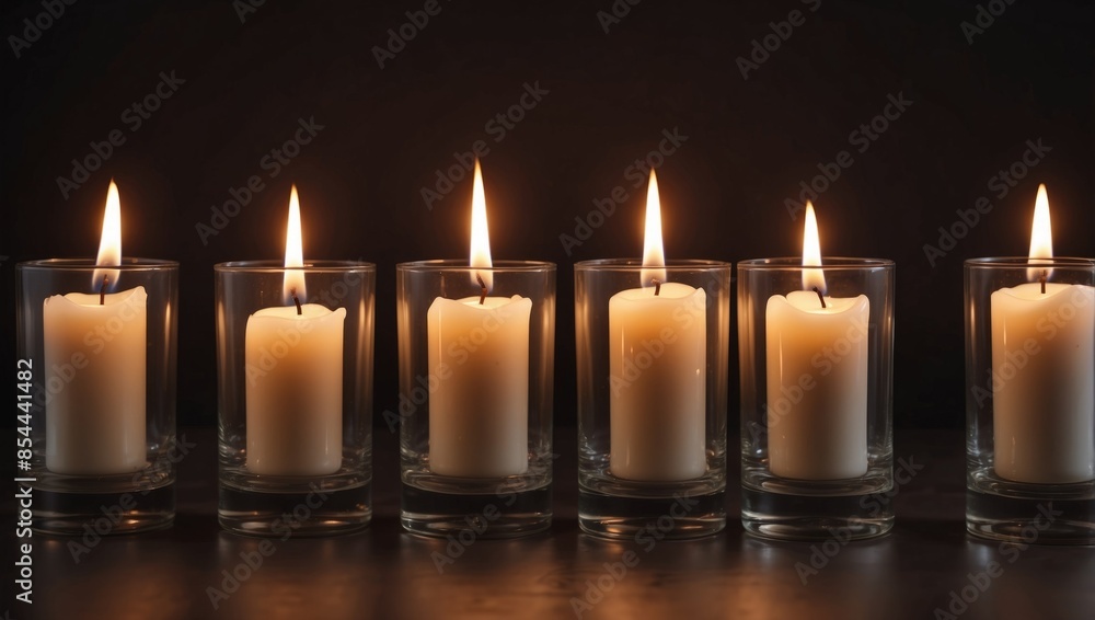 A row of flickering candles in glass holders sits on a dark surface, casting a warm glow A row of flickering candles in glass holders sits on a dark surface, casting a warm glow