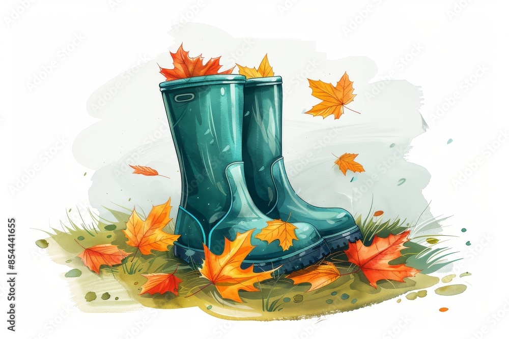 Isolated vector illustration of a pair of rubber boots with autumn ...