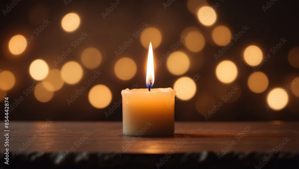 A candles warm glow against a dark backdrop creates a cozy atmosphere on a wooden surface, copy space A candles warm glow against a dark backdrop creates a cozy atmosphere on a wooden surface, copy space
