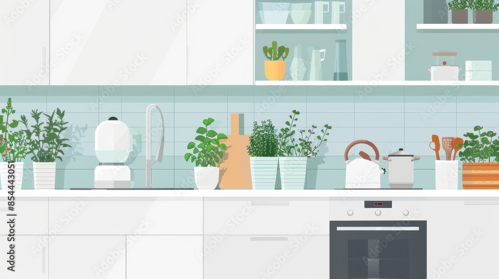 Fototapeta premium A contemporary kitchen design featuring white cabinets, a sleek oven, and a countertop adorned with potted plants.