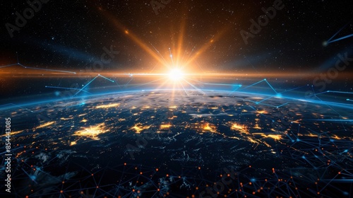 Digital artwork of Earth, adorned with a radiant network of connections denoting global technology and data exchange, set on a dark background illuminated by a central bright light. 