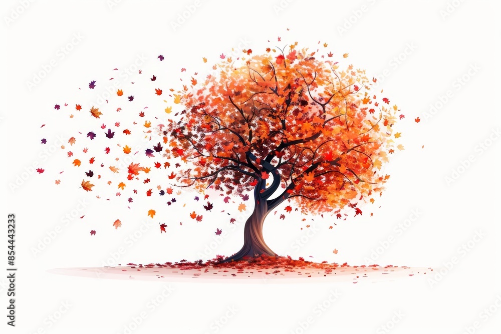 Isolated vector illustration of an autumn tree with falling leaves on a ...