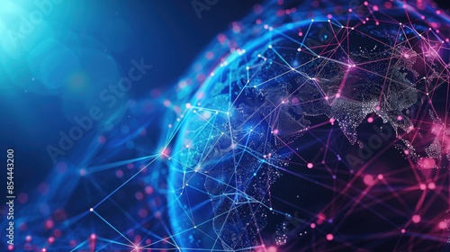 Digital artwork depicting a globe enveloped in a complex network of lines and nodes, illustrating global connectivity and data exchange, set on a vibrant blue background.
