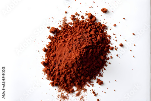 pile of cocoa powder isolated on white background. Top view. Flat lay 