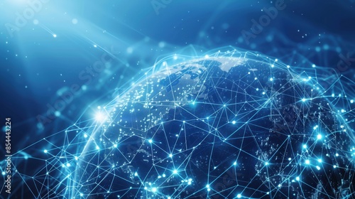 A vibrant digital artwork featuring a globe adorned with intricate networks of lines and nodes, symbolizing global communication and data exchange. Set against a luminous blue backdrop.
