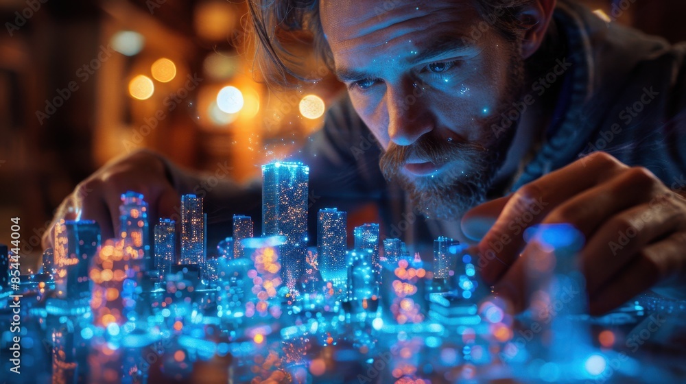 A man examines a holographic city model on a table, representing advanced urban design and futuristic technology. The blue glow emphasizes innovation and modern architectural planning.
A man examines a holographic city model on a table, representing advanced urban design and futuristic technology. The blue glow emphasizes innovation and modern architectural planning.