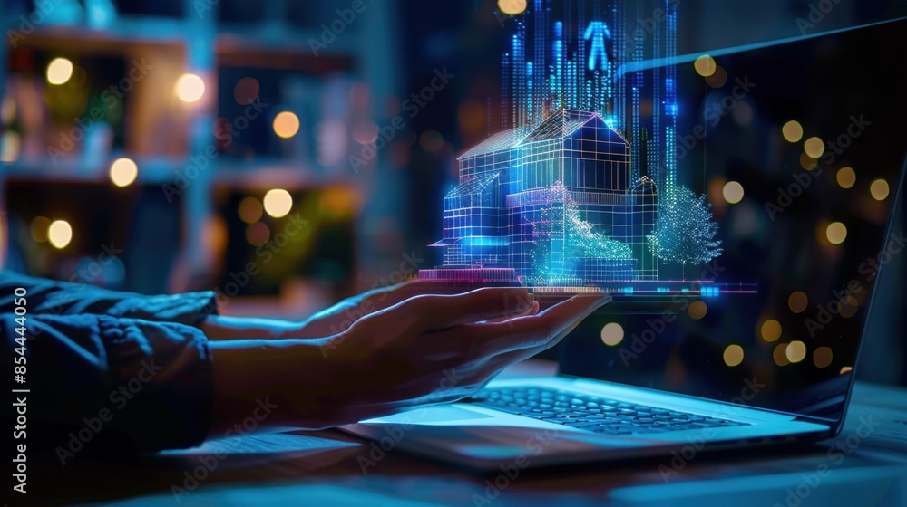 A seamless fusion of technology and creativity unfolds as a person manipulates a holographic house model with a laptop, epitomizing futuristic architectural design.
A seamless fusion of technology and creativity unfolds as a person manipulates a holographic house model with a laptop, epitomizing futuristic architectural design.