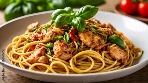  Deliciously prepared pasta dish with chicken and fresh basil
