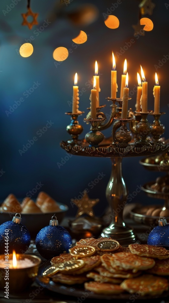 Still life for Hanukkah, featuring a menorah with lit candles, dreidels, gold coins, and traditional foods like latkes, warm and festive atmosphere 