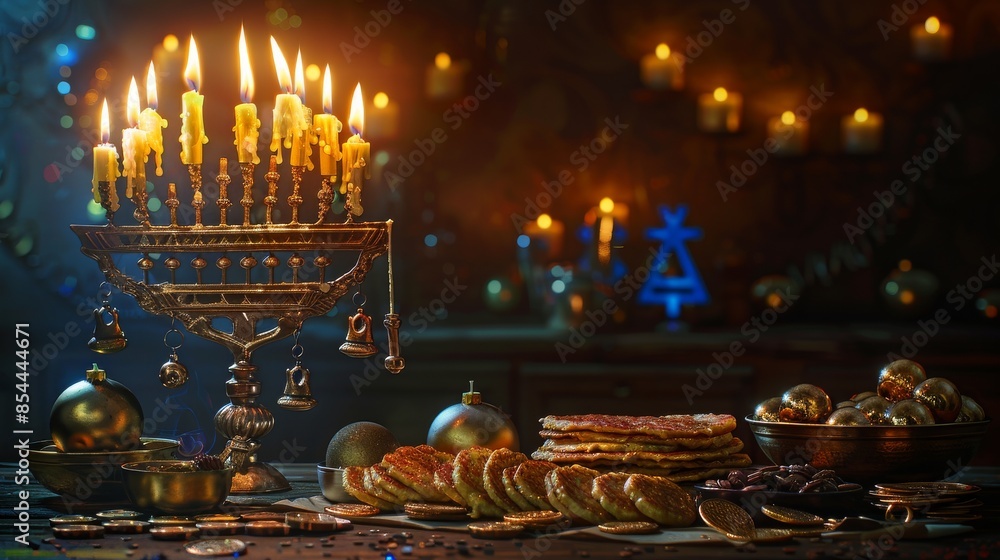 Still life for Hanukkah, featuring a menorah with lit candles, dreidels, gold coins, and traditional foods like latkes, warm and festive atmosphere Still life for Hanukkah, featuring a menorah with lit candles, dreidels, gold coins, and traditional foods like latkes, warm and festive atmosphere