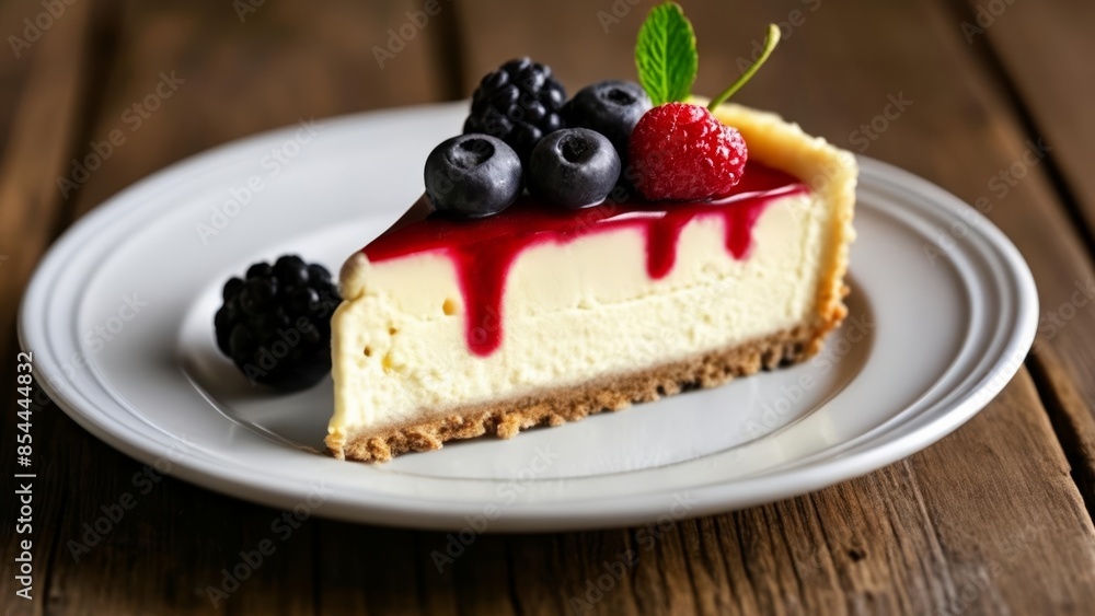 Deliciously indulgent slice of cheesecake ready to be savored Deliciously indulgent slice of cheesecake ready to be savored