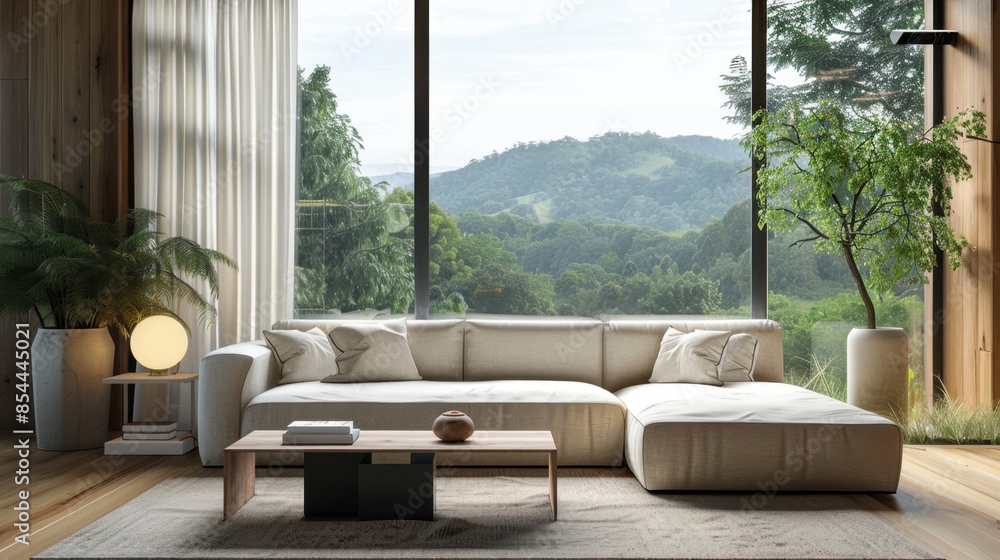 Fototapeta premium A minimalist living room features a sectional sofa, a wooden coffee table, and a large window offering a breathtaking view of rolling hills and lush greenery.