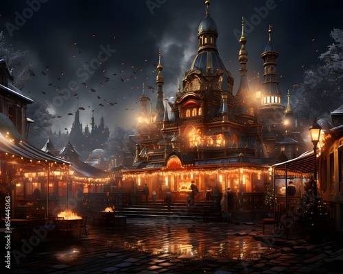 Illustration of St. Nicholas Cathedral at night, Moscow, Russia