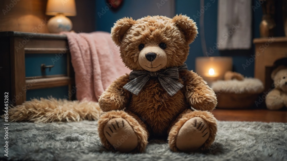 Fototapeta premium An adorable teddy bear sitting on the couch in a cozy room. Perfect gift for kids.